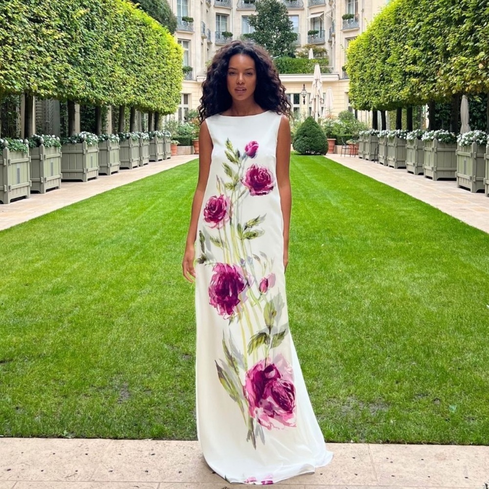 TERI JON DIGITAL FLOWER PRINT CREPE WITH CHIFFON OVERLAY GOWN